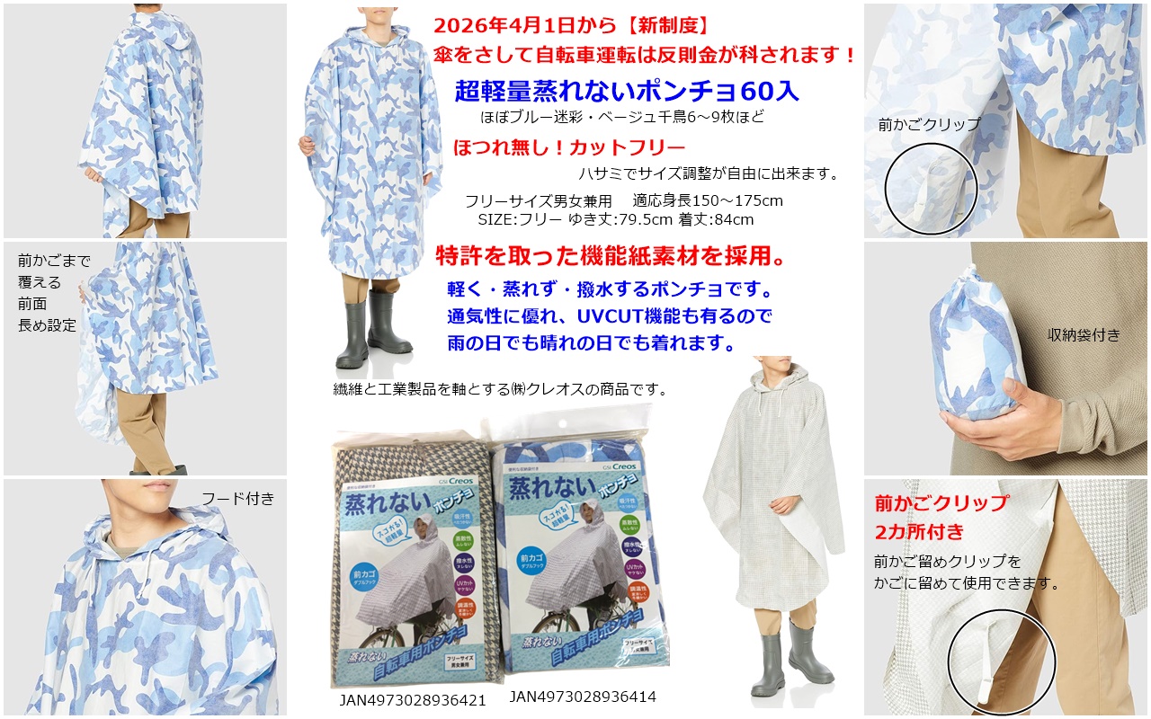 【超軽量】蒸れない自転車用ポンチョ   60入　1枚299円